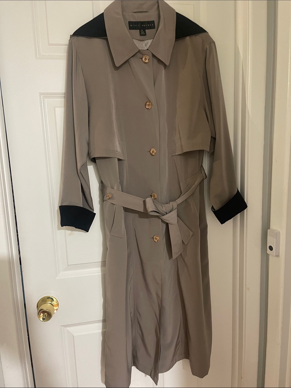 Classic Taupe Trench Coat with Black Collar & Cuffs